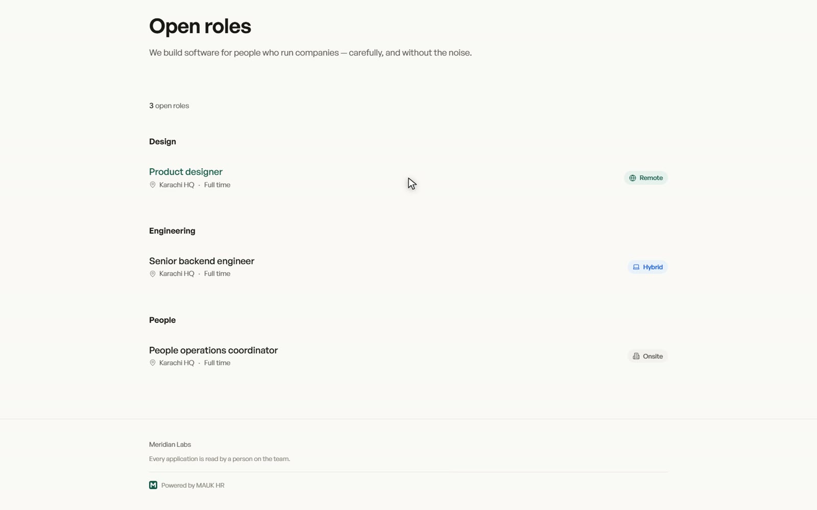 A public careers page listing three open roles