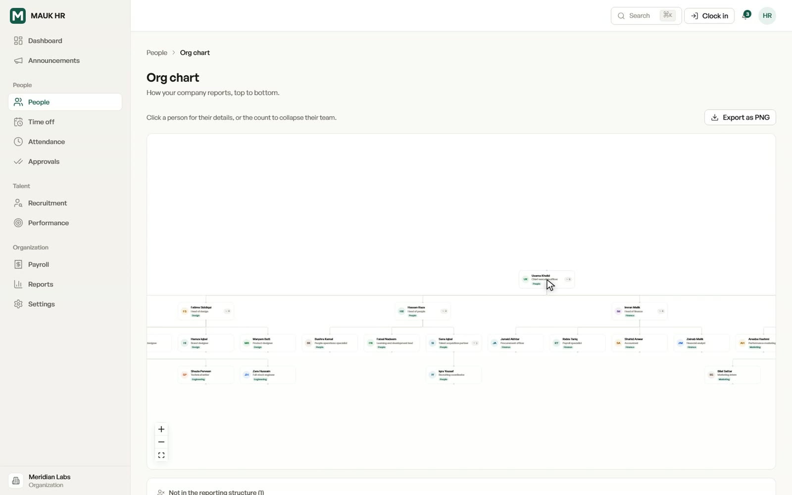 The org chart showing reporting lines