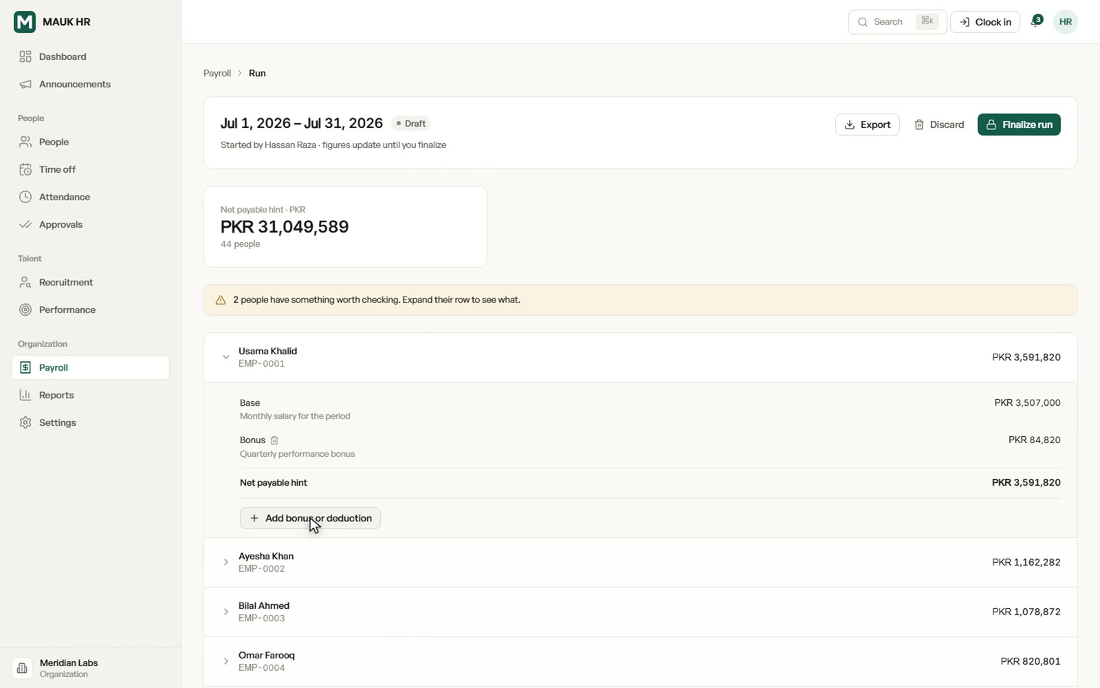 A payroll run with one employee's pay broken down line by line