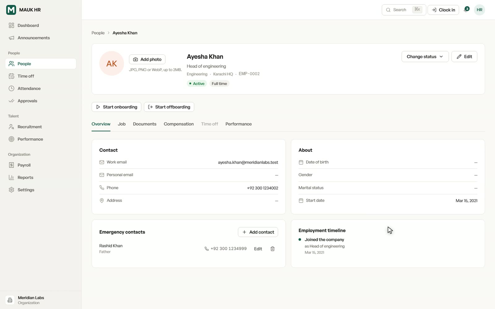 The MAUK HR employee directory, filtered to one person